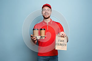 Courier is happy to deliver hot coffee and food. Cyan background