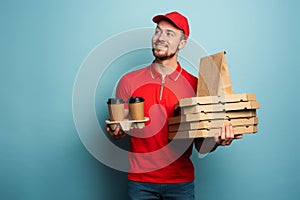 Courier is happy to deliver hot coffee,pizza and food. Cyan background