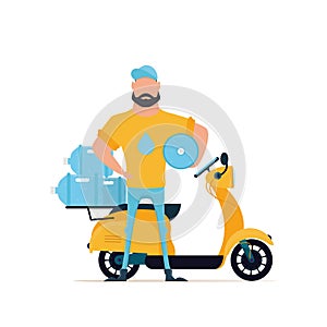 The courier is holding a bottle of water. The concept of home delivery of drinking water. Cartoon style. Vector