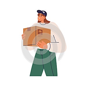 Courier holding box. Delivery service of parcel, order concept. Deliverer in cap delivering, carrying cardboard package