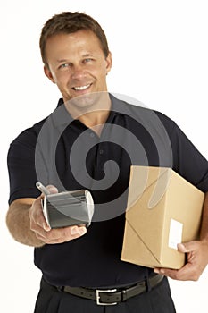 Courier Holding A Parcel And Electronic Clipboard