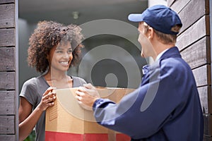 Courier, home and delivery box with woman and package with a smile from shipping order. House, happy and shipment with