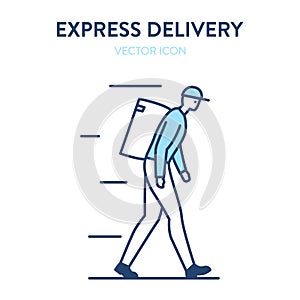 Courier icon. Delivery man walking with a backpack. Vector illustration of a delivery boy in a hat walking with parcel box on the