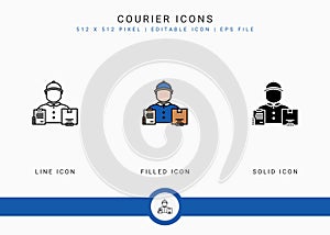 Courier icons set vector illustration with solid icon line style. Logistic delivery concept.d