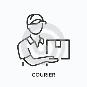 Courier line icon. Vector outline illustration of delivery boy with box. Man in hat with parcel pictorgam