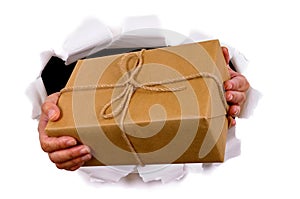 Courier or mail man delivering or holding parcel through torn white paper background