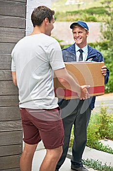 Courier man, customer and box for service at house reading and happy for delivery, shipping and outdoor. Person