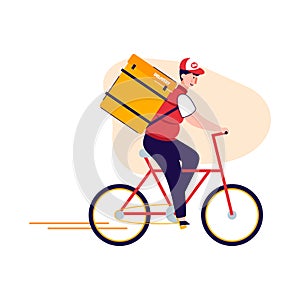 Courier man in food delivery backpack riding a bicycle