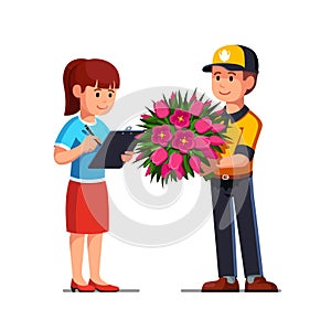 Courier man handing bouquet of flowers to woman