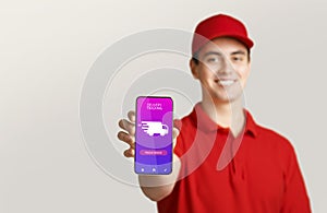 Courier man holding cellphone with delivery tracking app