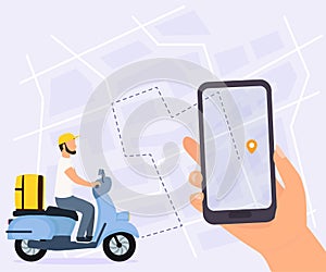 Courier man on scooter with yellow parcel box on the back. Hand holding smartphone with finish point on city map.