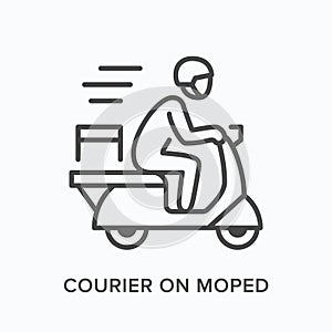 Courier on moped line icon. Vector outline illustration of express delivery. Scooter pizza guy pictorgam