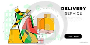 Courier with packages. Online delivery service banner vector template.