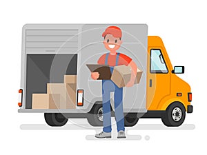 Courier with the parcel on the background of the delivery service van photo