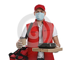 Courier in protective gloves and mask holding order on background. Food delivery service during quarantine