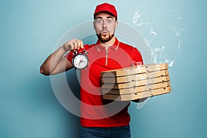 Courier is punctual to deliver quickly pizzas. Cyan background