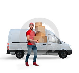 Courier ready to deliver packages with transport truck.