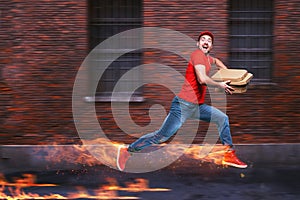 Courier runs fast to deliver quickly pizzas with fiery feet. Cyan background