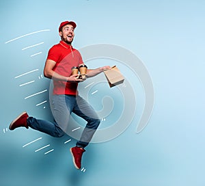 Courier runs fast to deliver quickly ordered breakfast. Cyan background