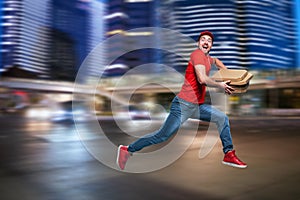 Courier runs fast to deliver quickly pizzas. Cyan background