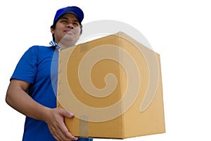 Delivery man in blue uniform handing parcel box to recipient