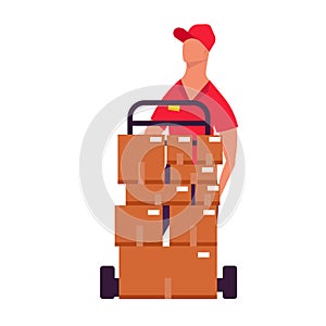 Courier service shipping delivery package. Transportation business and logistic express order. Man shipment and cargo delivering