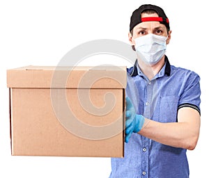 Courier stretching out cardboard box, delivery service, man with surgical mask and blue neoprene gloves, isolated on white