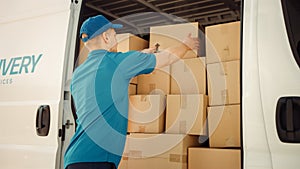 Courier Takes out Cardboard Box Package from Openned Delivery Van To Deliver Postal Parcel to Cust