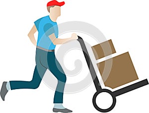 The courier transports parcels on a trolley. Vector illustration.