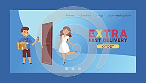 Courier vector postman character of delivery service landing web page delivering parcel box or package illustration set