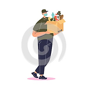 Courier wearing mask deliver food and grocery. Young delivery man holding box of products