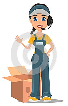 Courier woman with headset accepts an order, standing near opened box. Professional fast delivery.