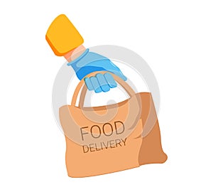 Couriers hand in blue protective glove holding delivery paper bag with food. Safe food delivery service during virus