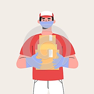 Couriers holding package in medical mask and gloves. Concept of contactless or to the door delivery. Coronavirus quarantine shop