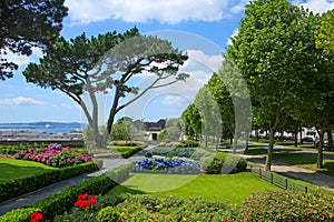 Cours Dajot public garden with an beautiful view of the harbour and the ChÃ¢teau de Brest , Brittany, France.