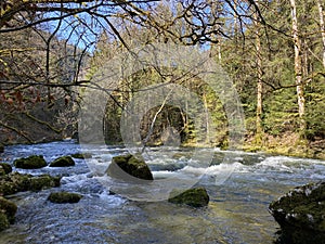 The course of the river Orbe between the cave or spring and the settlement of Vallorbe der Fluss Orbe or le fleuve de l`Orbe