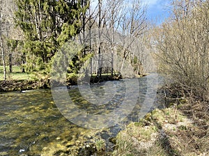 The course of the river Orbe between the cave or spring and the settlement of Vallorbe der Fluss Orbe or le fleuve de l`Orbe