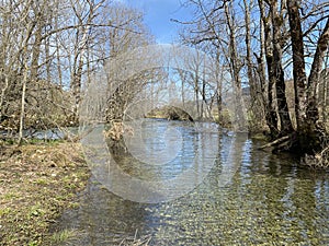 The course of the river Orbe between the cave or spring and the settlement of Vallorbe der Fluss Orbe or le fleuve de l`Orbe