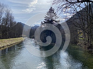 The course of the river Orbe between the cave or spring and the settlement of Vallorbe der Fluss Orbe or le fleuve de l`Orbe