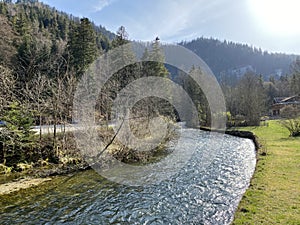 The course of the river Orbe between the cave or spring and the settlement of Vallorbe der Fluss Orbe or le fleuve de l`Orbe