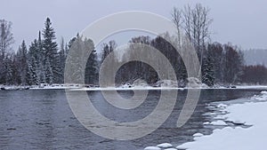 The course of a small flat river in winter. Snow-covered river bank against the background of trees and snowfall.