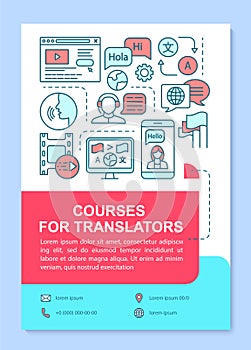 Courses for translators brochure template layout. Interpretation education. Flyer, booklet, leaflet print design with