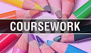 Coursework concept banner with texture from colorful items of education, science objects and 1 september School supplies.