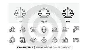 Court line icons set. Judge, Scales of Justice and Lawyer. Hammer, Law and Petition document. Line icons. Vector