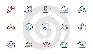 Court line icons set. Judge, Scales of Justice and Lawyer. Hammer, Law and Petition document. Vector