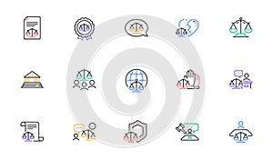 Court line icons set. Lawyer, Scales of Justice and Judge. Hammer, Law and Petition document. Vector