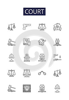 Court line vector icons and signs. Judge, Jurisdiction, Subpoena, Litigant, Appeal, Trial, Verdict, Jury outline vector