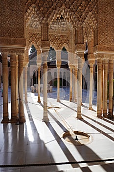 The Court of Lions of Alhambra Palace building architecture from Granada City. Spain.