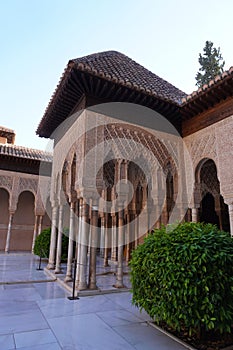 The Court of Lions of Alhambra Palace building architecture from Granada City. Spain.