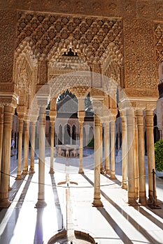 The Court of Lions hall details decoration of Alhambra Palace from Granada City. Spain.